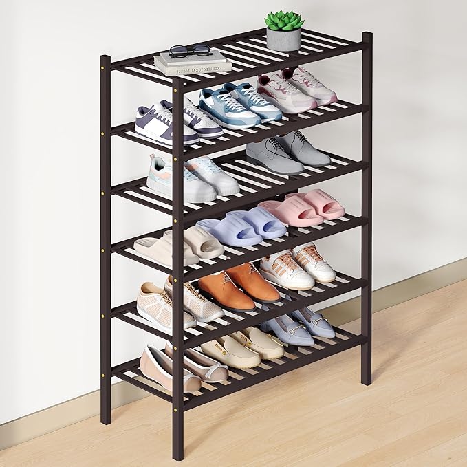 Smiry Bamboo Shoe Rack for Closet, 6 Tier Wooden Stackable Shoe Organizer, Free Standing Shoes Storage Shelf for Entryway, Fr