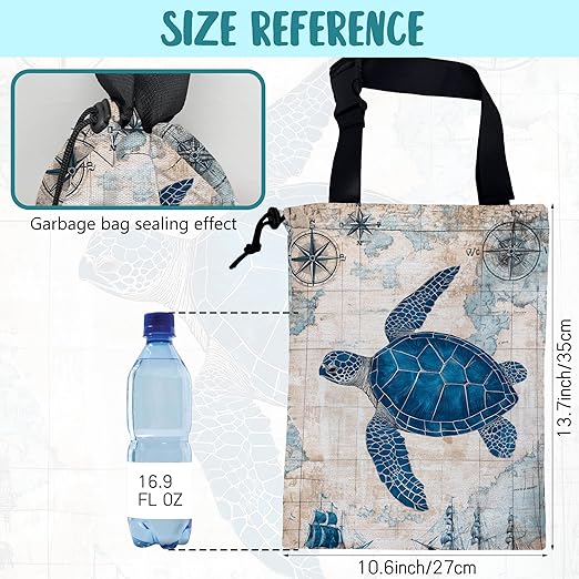Car Garbage Bag Vintage Blue Sea Turtle Sailing Ships Drawstring Car Trash Bag Hanging for Back Seat with Adjustable Buckle Canvas Vehicle Trash Can Easy-to-Install