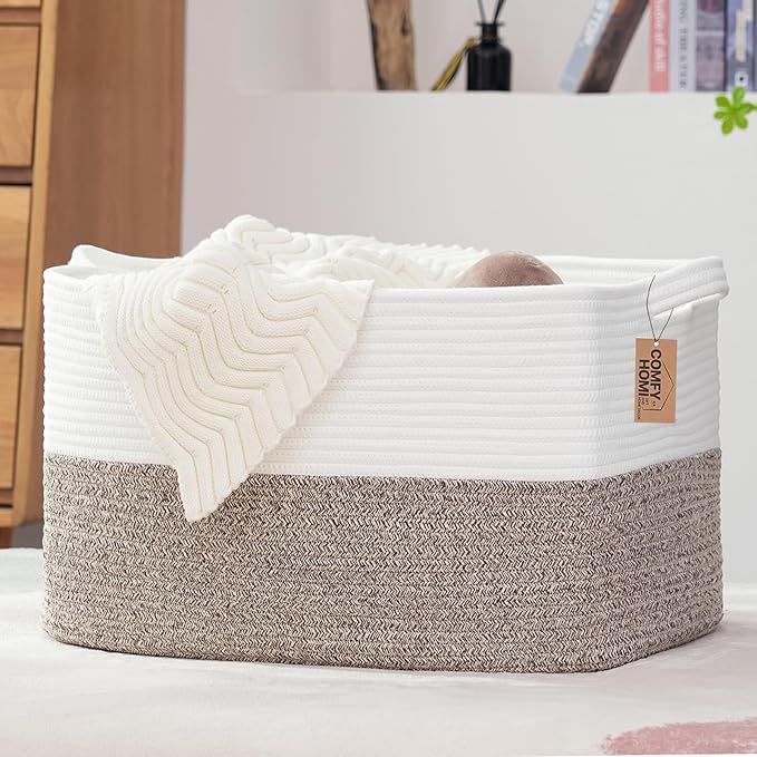 COMFY-HOMI Large Laundry for Organizing|Rectangle Cotton Rope Storage with Handles|Blanket for Living Room|Woven Laundry for 