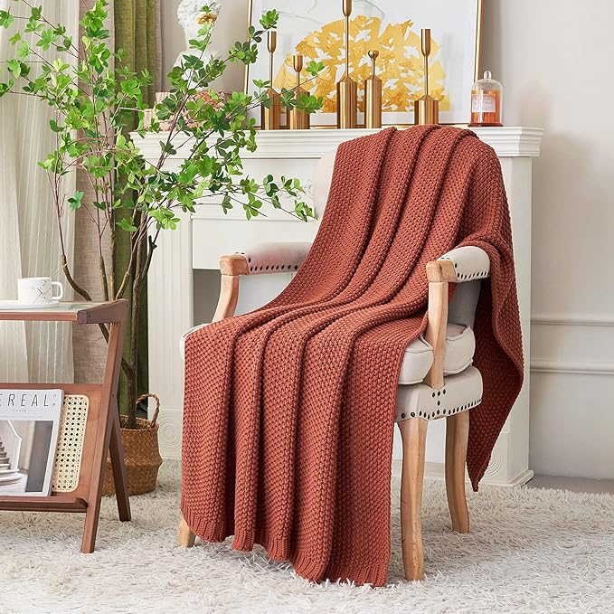Chunky Cable Knit Throw Blanket Lightweight Rust 100% Organic Cotton Blanket for Sofa Couch Bed Baby Nursery, Rustic Shabby C