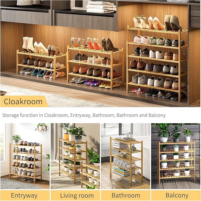 5-Tier Bamboo Shoe Rack for Entryway, Stackable | Heavy Duty | Multi-Function, Free Standing Shoe Racks for Bedroom Hallway C