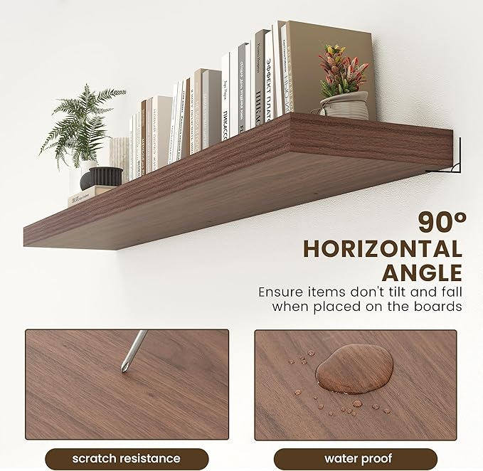 72 Inch Walnut Floating Shelf | 12 Inch Deep Floating Shelves Set of 1 | 72" D x 12" D Rustic Wood Shelves for Wall | Deep Wa