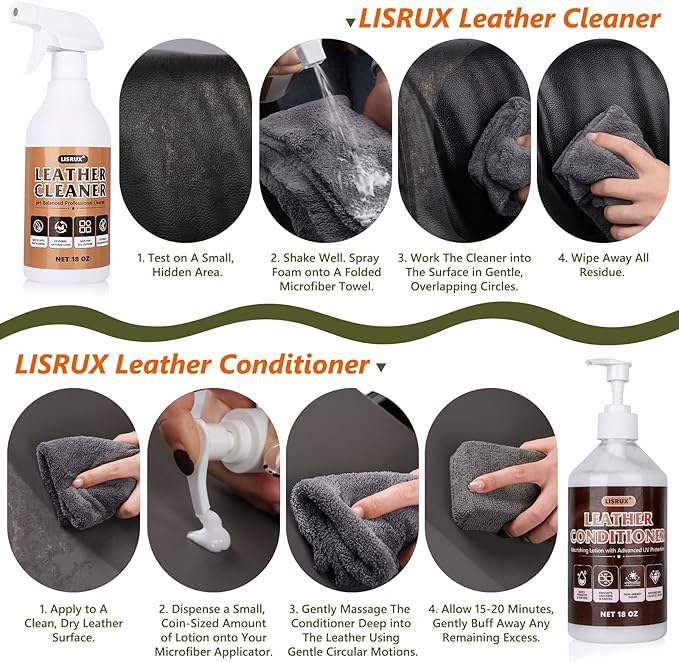 LISRUX Leather Cleaner and Conditioner Kit-2×18oz, Leather Cleaner for Car Seats, Furniture, Couches, Shoes & Boots, pH-Balan