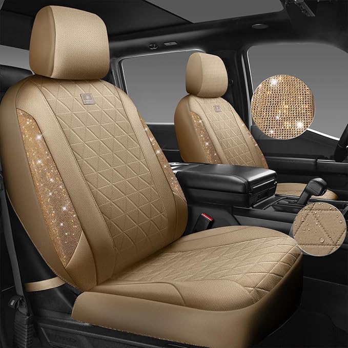 CAR PASS Beige Oxford Bling Diamond Car Seat Covers Full Set Interior Sets, Waterproof Shining Glitter Sparkly Crystal Univer