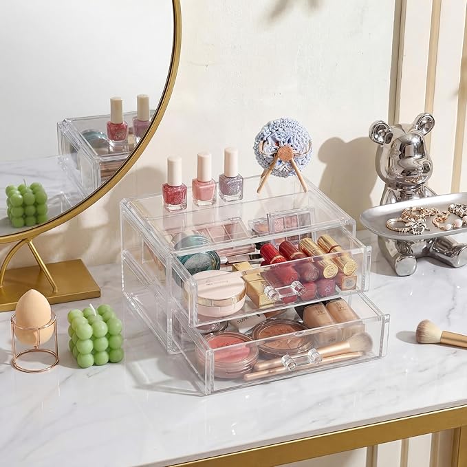 Acrylic Makeup Organizer 2 Drawer Transparent Makeup Storage Box with DIY Flower Nails Tips Jewelry Cosmetic Organizer Dustpr