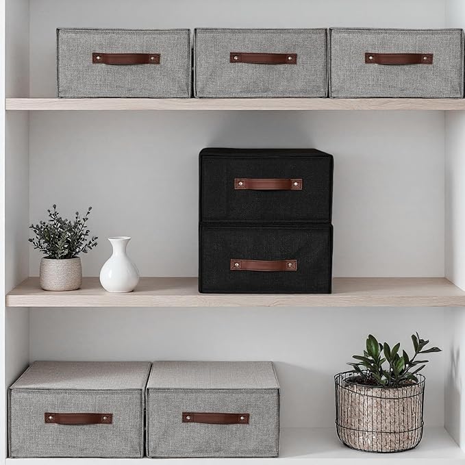 Closet Drawer Organizer Stackable Fabric Storage Boxes Bins Baskets with Lid PU Leather Handles Foldable Washable Cotton Line