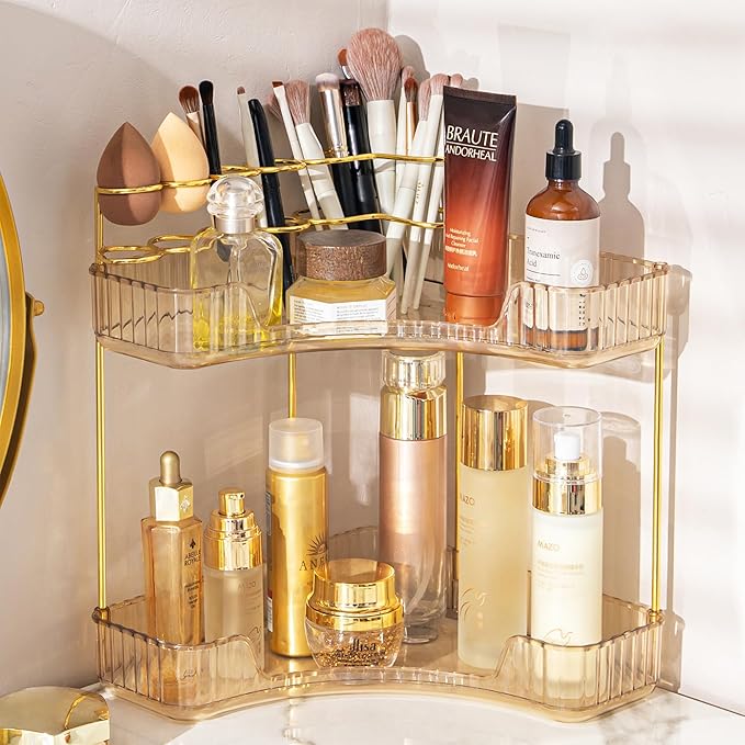 shuang qing Upgraded 2-Tier Corner Bathroom Countertop Organizer – Spacious Storage for Makeup, Skincare & Perfumes, Built-in