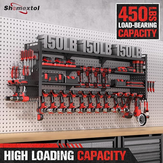 49.8" W Super Large Power Tool Organizer Wall Mount,4-Layer Heavy Duty Tool Storage with 18 Cordless Drill Holder,600 lb Capa