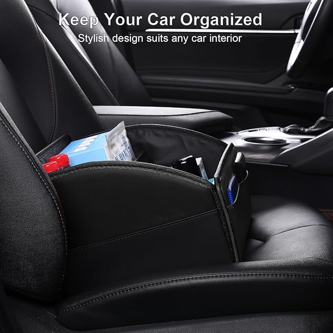 Car Storage Organizer [2025 UPDATED] Leather Car Caddy Basket for Front Seat Floor Back Seats Metal Handle 6 Compartments Adj
