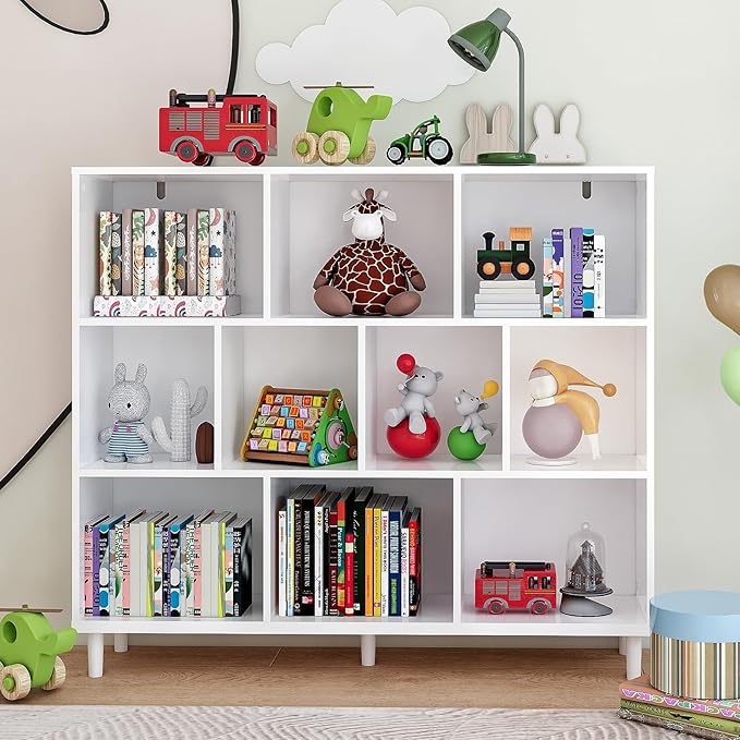 10 Cube Storage Organizer |Wide Bookshelf|3 Shelf Bookcase |Library Bookcase -Cubic Storage Cabinet（Storing Books,Toys & More