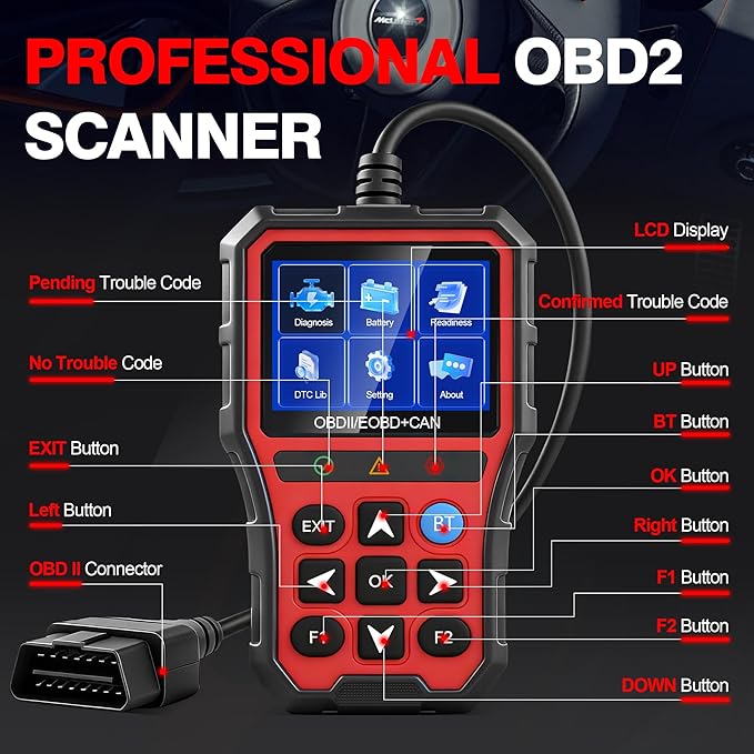 OBD2 Scanner Diagnostic Tool,Car Code Reader with Battery Tester, Check Engine Code Reader with Reset OBDII, Real-Time Date,
