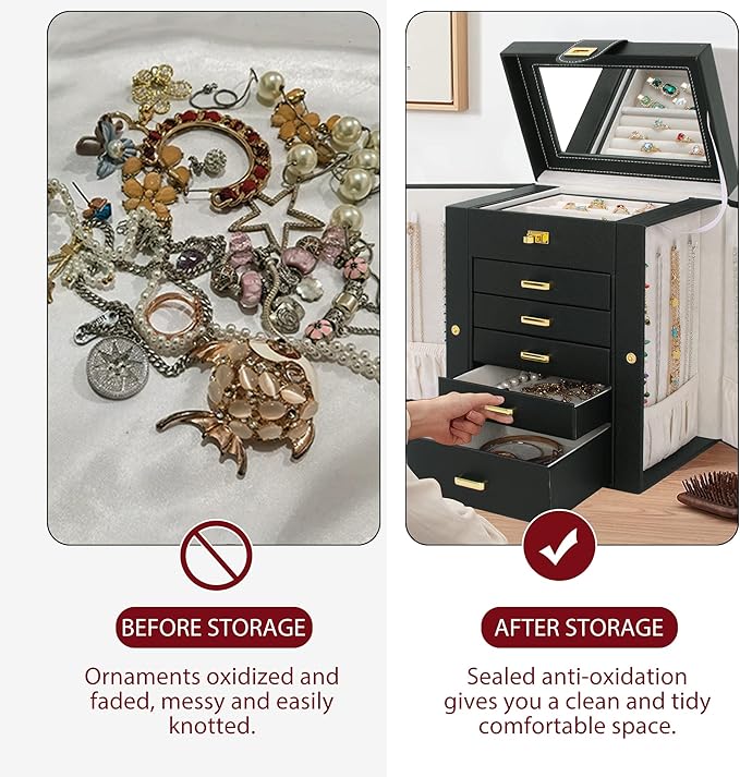 AKOZLIN Jewelry Box Organizer Functional Leather Jewelry Storage Case for Women Girls Ring Necklace Earring Bracelet Holder O
