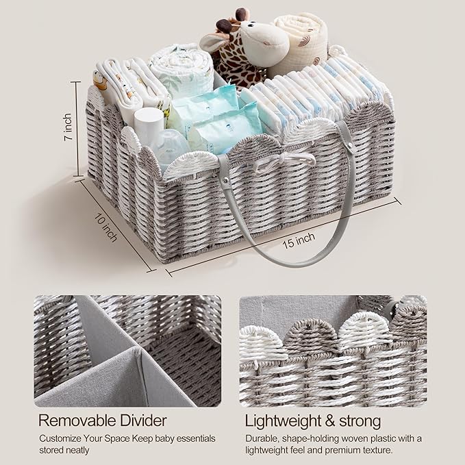 HBlife Large Baby Diaper Caddy, Paper Rope Storage Baskets Nursery Bin with Removable Divider, Portable Car Organizer for Dia