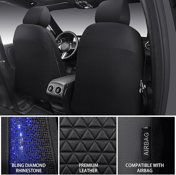 CAR PASS Bling Diamond Black Leather Car Seat Covers for 2 Front Interior Sets, Waterproof Shining Glitter Sparkly Crystal Un