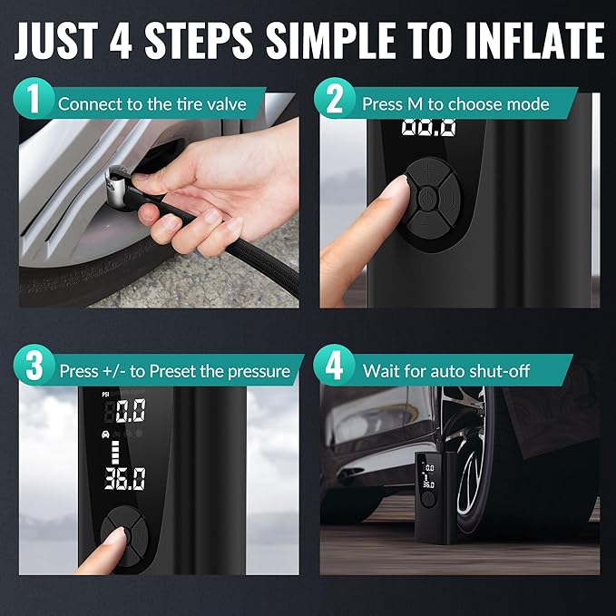 Tire Inflator Portable Air Compressor-Car Tire Air Pump Portable-180PSI Cordless Electric 3X Fast Inflation, Tire Inflator with Gauge, LED, for Bike, Motorcycle, Ball (Obsidian)