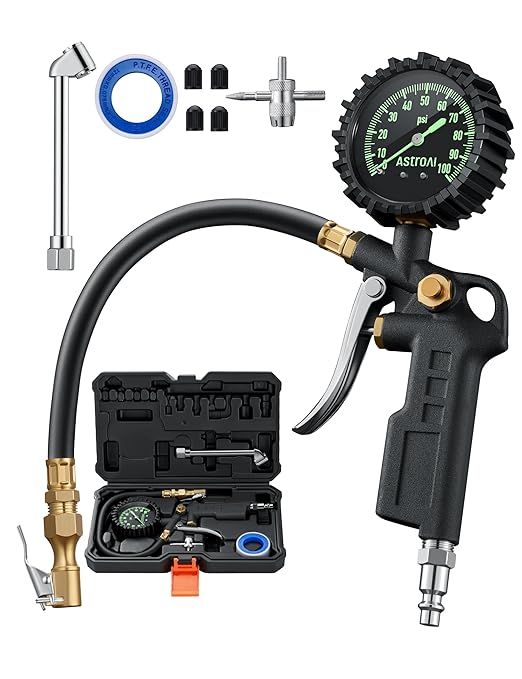 AstroAI Tire Pressure Gauge with Inflator, 100 PSI-ANSI B40.1 Accurate, Large 2.5" Easy Read Glow Dial, Heavy Duty Air Chuck and Compressor Accessories for Truck, with Case