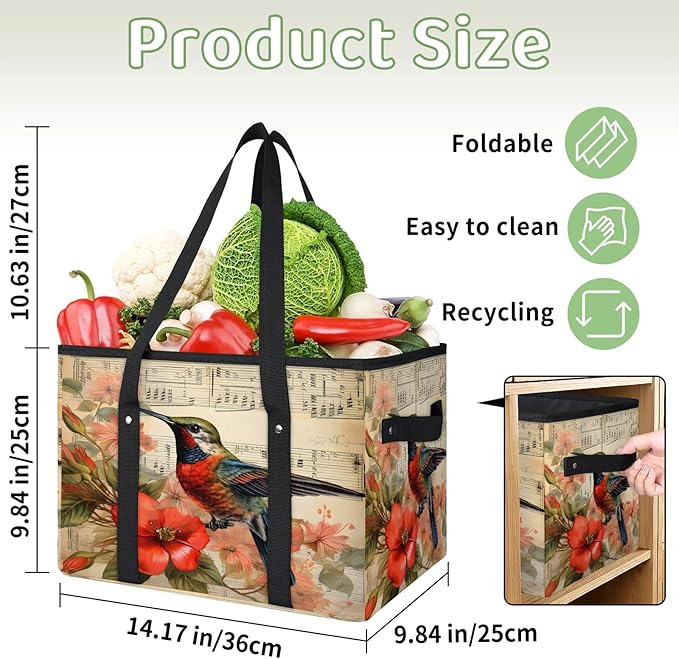 Reusable Grocery Bags Heavy Duty Shopping Bags Foldable Large Tote Bags with Long Handles & Hard Bottom