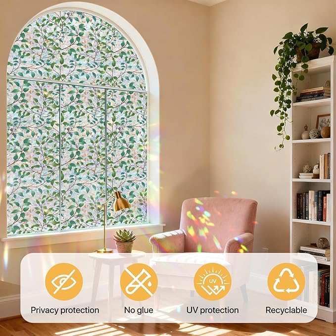 Spring Window Clings Decorative,3D Rainbow Window Privacy Film Sunroof Stained Glass Film, Non-Glue Static Cling Tint for Home Room Bathroom Glass Door Decor(Green Leaves, 16.9" x 39.4")
