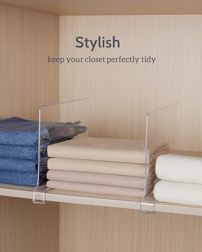 Clear Acrylic Shelf Dividers, Closet Shelf Divider and Closet Separator for Organization in Bedroom, Kitchen and Office Plast