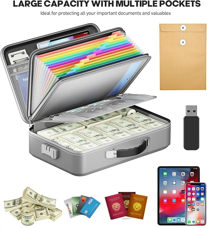 Fireproof Document Box, Hard Case Highly Flame-Resistant Fire Proof Waterproof File Organizer with Lock, Portable Fire Safe f