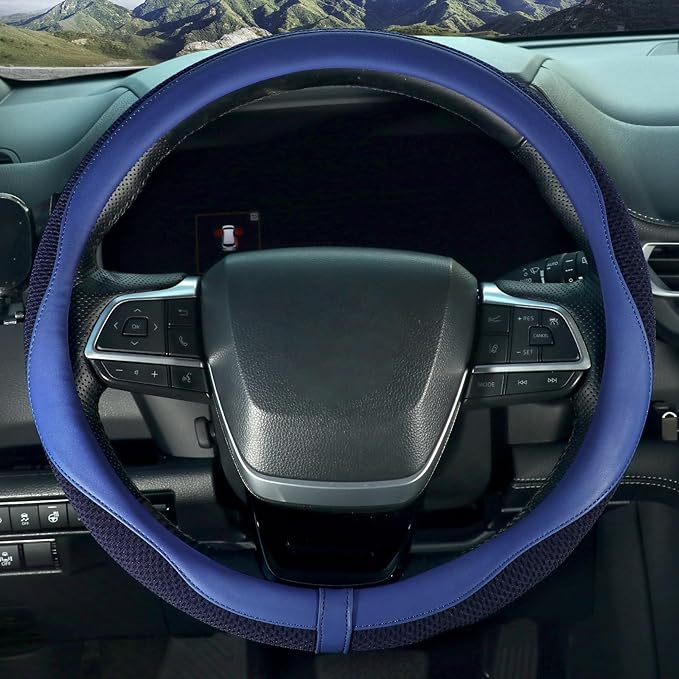 ZHOL Blue Steering Wheel Cover,Nappa Faux Leather with Comfort Grip,Non-Slip Breathable Universal Car Accessory for 15 Inch S