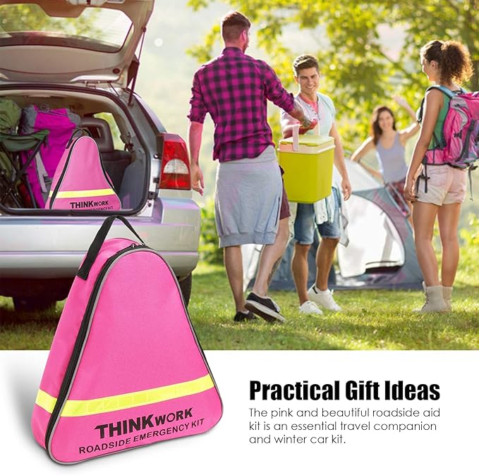 THINKWORK Car Emergency Kit for Teen Girls and Lady's Gifts, Pink Emergency Roadside Assistance Kit with 10FT Jumper, First A