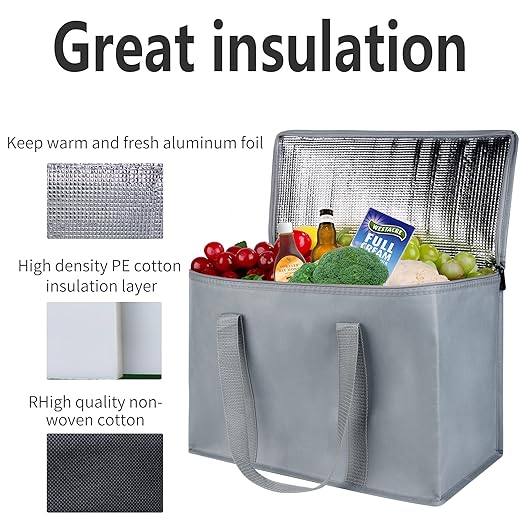musbus 4 packs insulated trunk organizer car cooler bag XL-Large Insulated Grocery shopping bags, Reusable grey zipped zipper,Collapsible,tote,cooler,groceries,Recycled Material Warm Foldable