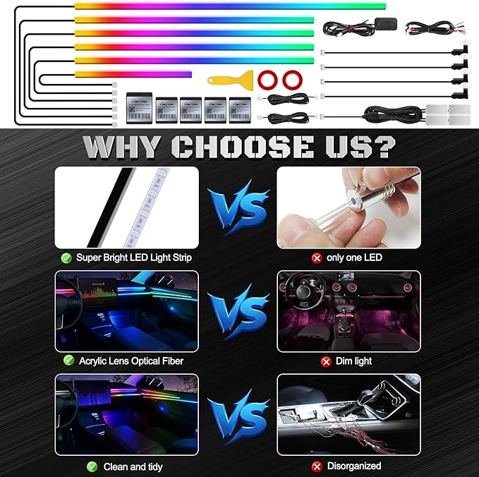 Dreamcolor Acrylic Interior Car LED Strip Light with Wireless APP, RGB 14 in 1 with 175 inches 593 Neon Car Ambient Lighting Kits, Dual Zone Music Sync LEDs Fiber Optic Strip Neon Lights for Car