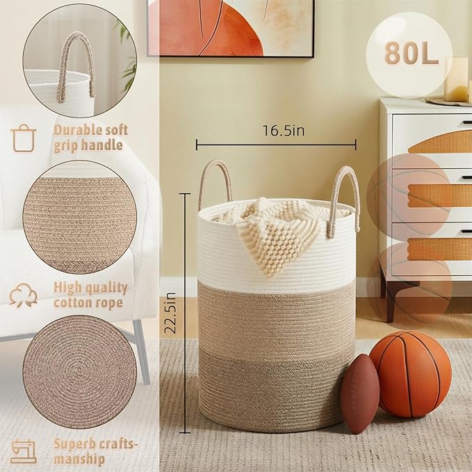 Artfeel Laundry Basket,Woven Cotton Rope Laundry Hamper,80L for Decorative Storage of Dirty Clothes,Toys and Blankets in Bath