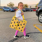 MENZOKE Kids Travel Tray for Toddler Car Seat, Toddler Gift for Boy Activities with iPad Holder Stand & Storage Pockets, Road Trip Essentials Accessories Lap Tray as Travel Gifts for Kid, Yellow