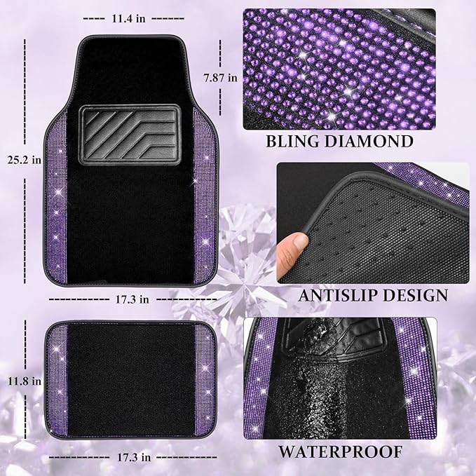 CAR PASS Bling Diamond Leather Steering Wheel Cover 14.5in-15in Floor Mats Shining Rhinestone Carpet Sparkly Glitter Crystal Anti-Slip Pad Fit Automotive SUV Pickup Truck Girl Women, 5pcs Black Purple