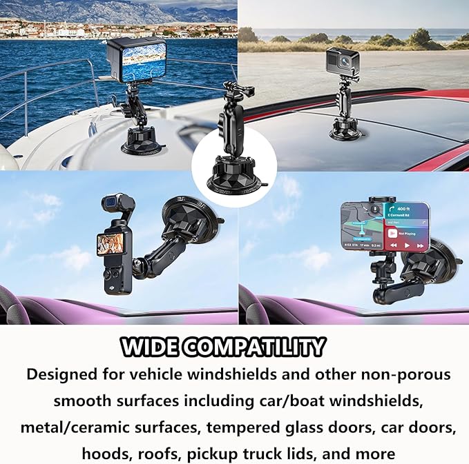 Camera Suction Cup Mount with Ball Head Magic Arm, Twist-Lock Composite Suction Cup Mount on Car Boat Windshield Window with 1/4"-20 Threaded for Action Camera/Camcorder/Phone Holder