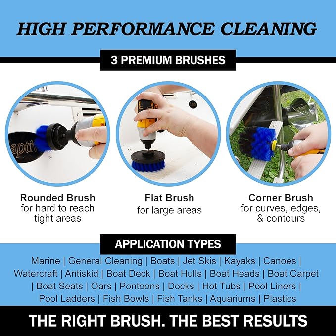 Drillbrush Boat Accessories – Kayak Cleaning Kit – Boat Cleaning Brush Kit – Marine Scrub Brush Attachment for Drill – Rotary