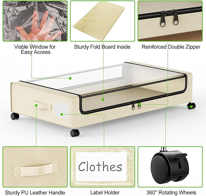 Under Bed Storage with Wheels, 4-Pack UnderBed Storage Containers with Clear Lids, Under Bed Shoe Storage Organizer, Rolling 