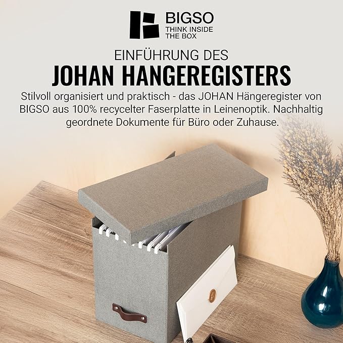 Bigso Box of Sweden File Organiser Storage with Stylish Leather Handle - Scandinavian Look Organiser Box Including 8 Hanging 