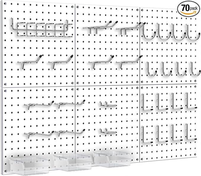 Peg Board, 70PCS Heavy Duty Metal Pegboard with Hooks, 6 Pack White Peg Board Panels, 50lbs Load Capacity Each, Pegboard Wall