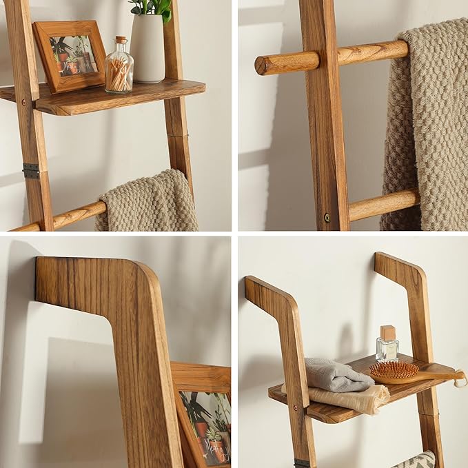 ZUNTO Blanket Ladder with Top Shelf for The Living Room - 67in Decorative Wooden Blanket Holder, 5 Tier with Side Hooks for H