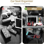 LUCMO Car Backseat Organizer with Tablet Holder-2 Pcs,6 Storage Pockets Car Storage Organizer with Foldable Food Tray Protectors Kick Mats Travel Accessories-Grey