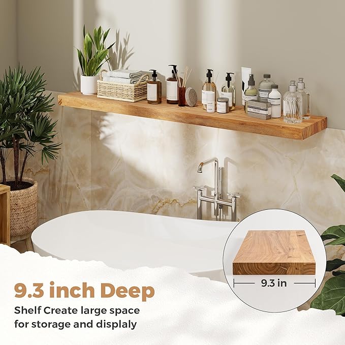 RICHFOCUS Elm Floating Shelves for Wall - 48" W x 9.3" D Rustic Solid Wood Shelves with Invisible Bracket, Wall-Mounted for L