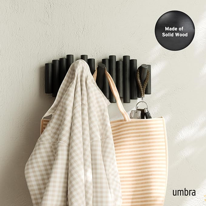Umbra Picket Wall-Mounted Coat Rack Rail Hook with 5 Retractable Wood Pegs – Modern, Space-Saving Storage Organizer, Black