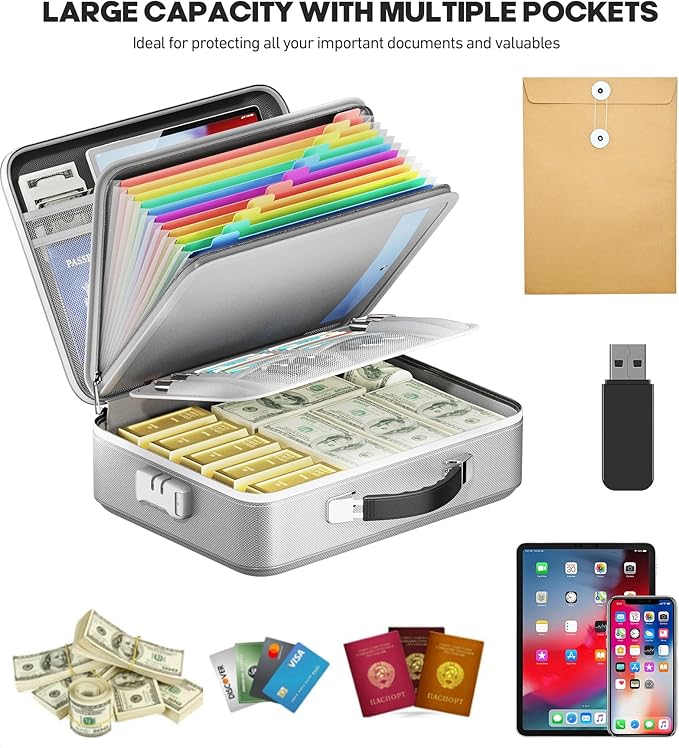 Fireproof Document Box, Hard Case Highly Flame-Resistant Fire Proof Waterproof File Organizer with Lock, Portable Fire Safe f