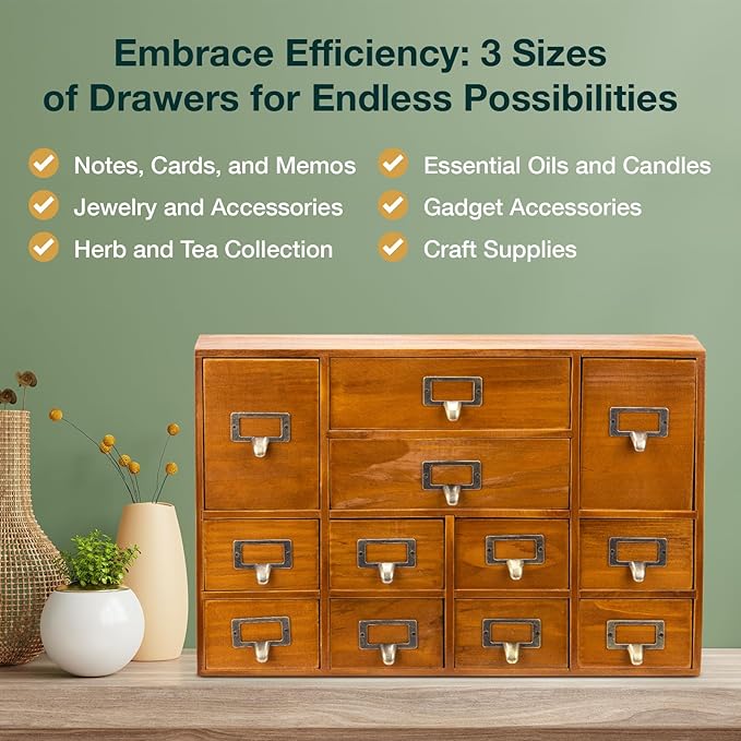 12-Drawer Apothecary Cabinet - Index Card Organizer - Vintage Chest of Drawers - Mahogany Wooden Organizer - Office Desktop D