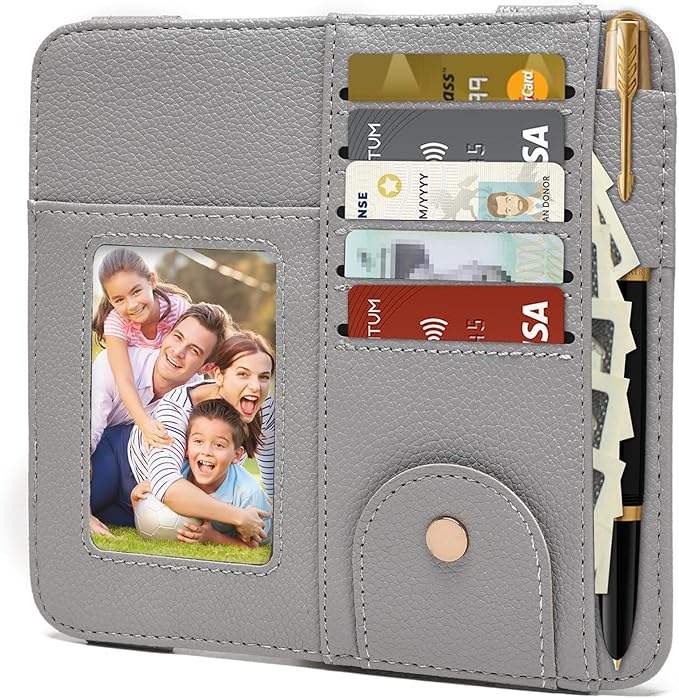 Visor Organizer, Grey Sunglass Holder For Car, Sunvisor Organizers with Multiple Pockets and Picture Frame, Essential Car Interior Accessories for Women and Men