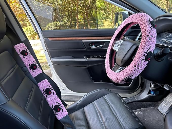 Crochet Spider Steering Wheel Cover Universal 14-15 inch (B,Wheel Cover+2 Belt Cover)
