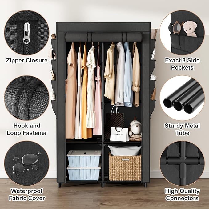 Portable Closet for Hanging Clothes, Portable Wardrobe Closet with Cover, 4 Storage Shelves, 2 Hanging Rods and 8 Side Pocket