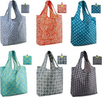 BeeGreen Reusable Grocery Bags Geometry Design - Pack of 6 Foldable Totes for Women with Pouch,X-Large 50lbs Capacity Machine Washable Polyester Sturdy Shopping Bags for Women Travel Shopping