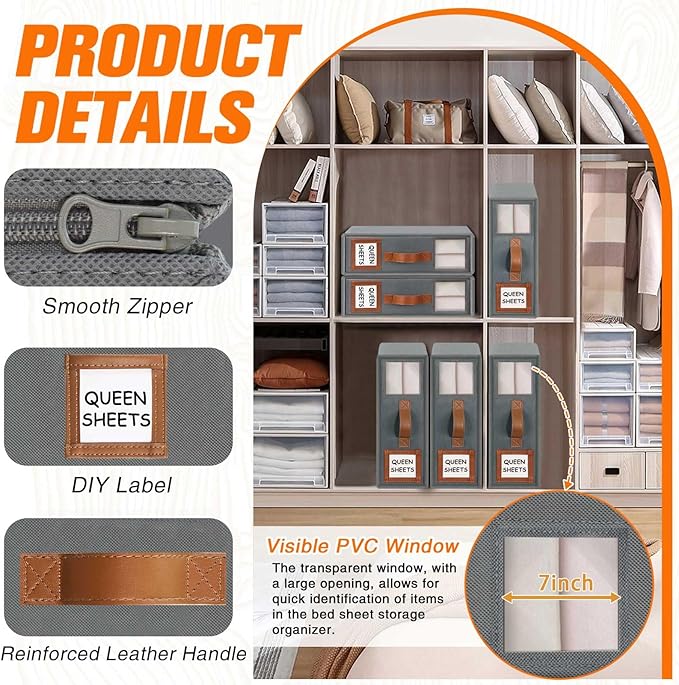 GhvyenntteS 6 Pack Bed Sheet Organizers and Storage, Sturdy Bed Sheet Organizer with Zipper and Handle, Foldable Linen Closet