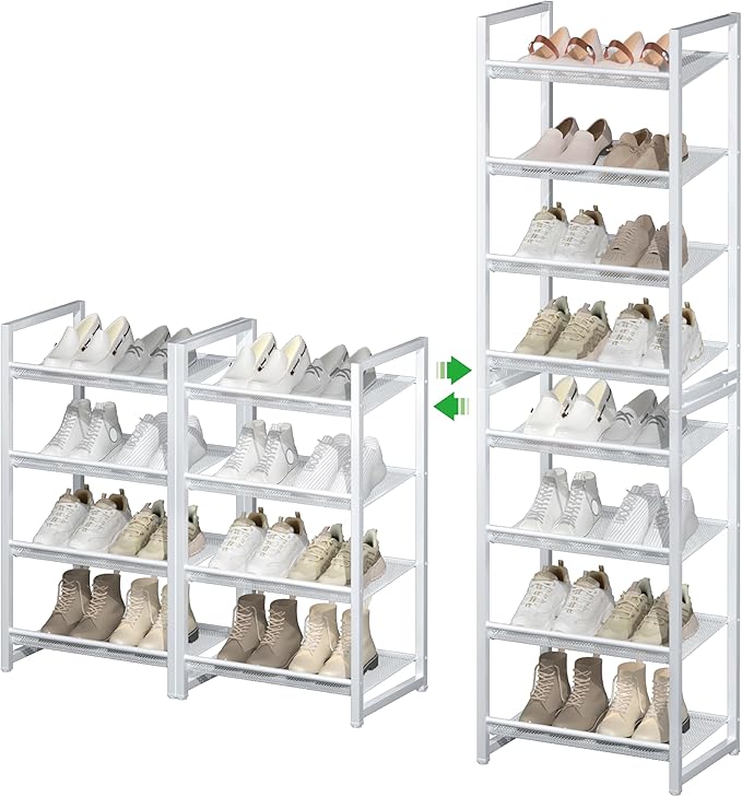 8 Tier Narrow Shoe Rack, Stackable Metal Shoe Storage, Holds 16-20 Pairs, Vertical Shoe Organizer for Garage Closet Entryway,