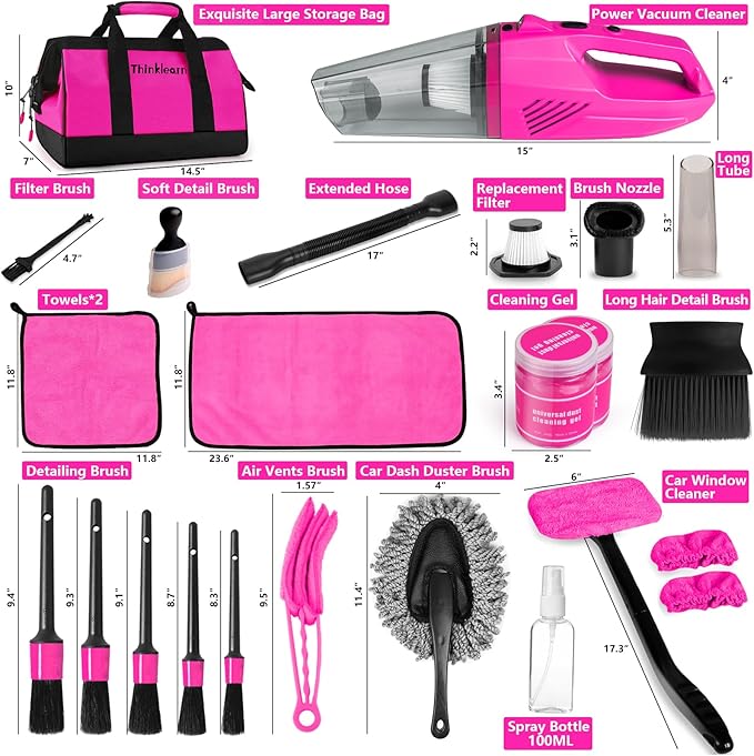 ThinkLearn Car Cleaning Kit, Car Vacuum Detailing Kit Interior with High Power Handheld Vacuum, Including 7Pcs Detailing Brus