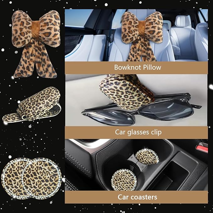 19 Pcs Fluffy Car Accessories Set,Fluffy Plush Leopard Print Steering Wheel Covers,Plush Head Pillow,Pillowcase,Eyeglasses Clip,Car Accessories for Women. (Brown)